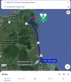 Road route from Nakhon Si Thammarat Airport to Le Petit Saint Tropez, Khanom, Thailand