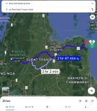 Road route from Khao Sok National Park to Le Petit Saint Tropez, Khanom, Thailand